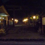 ずらりと並んだ灯籠の明かりにうっすらと鳥居が浮かび上がってます。
