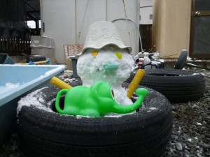 昼間に降った雪が積もって雪だるまができるなんて・・・。